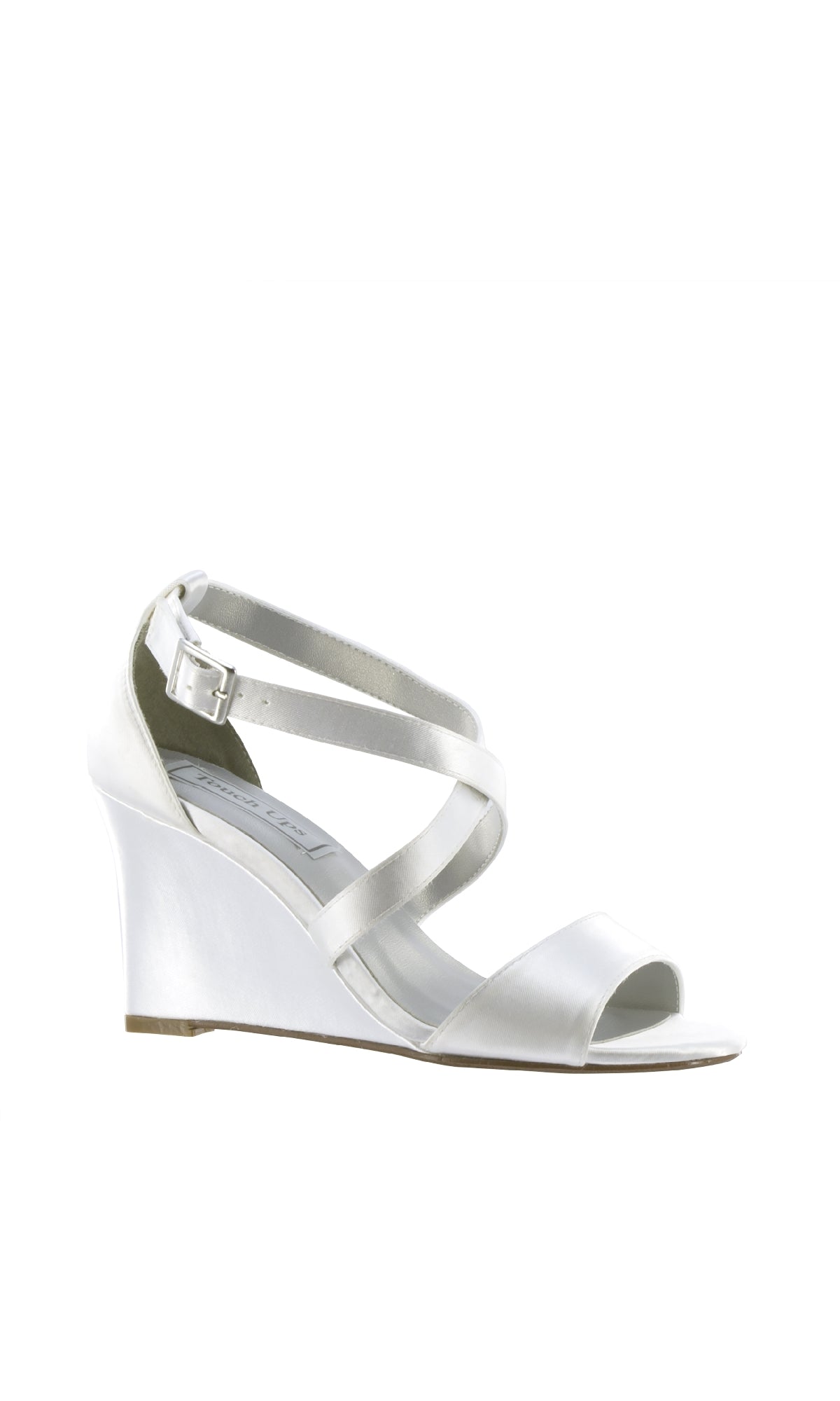 Jenna White Satin Wedge Prom Shoes: Dyeables 4178 feature a 2.75-inch heel, ankle strap, and open toe, displayed on a plain white background.